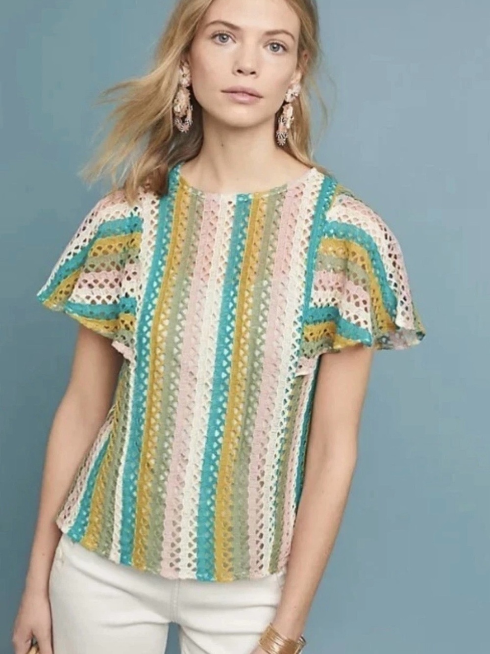 Eva Franco Anthropologie Eyelet Crochet Top Candy Striped Womens Small XS